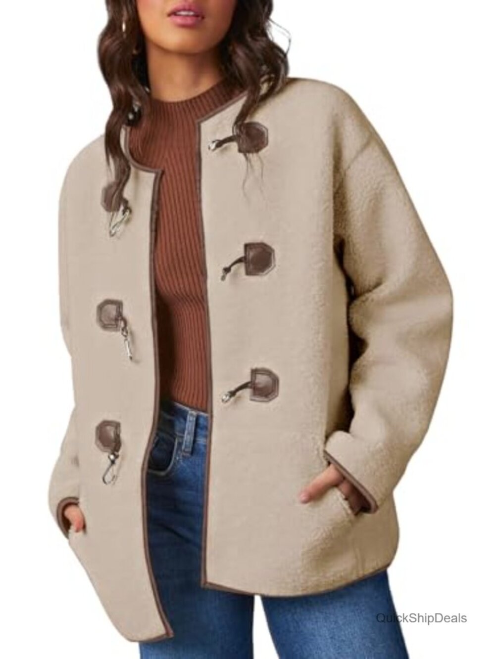 Oversized Faux Shearling Color Block Button Sherpa Jacket Women's Long Sleeve
